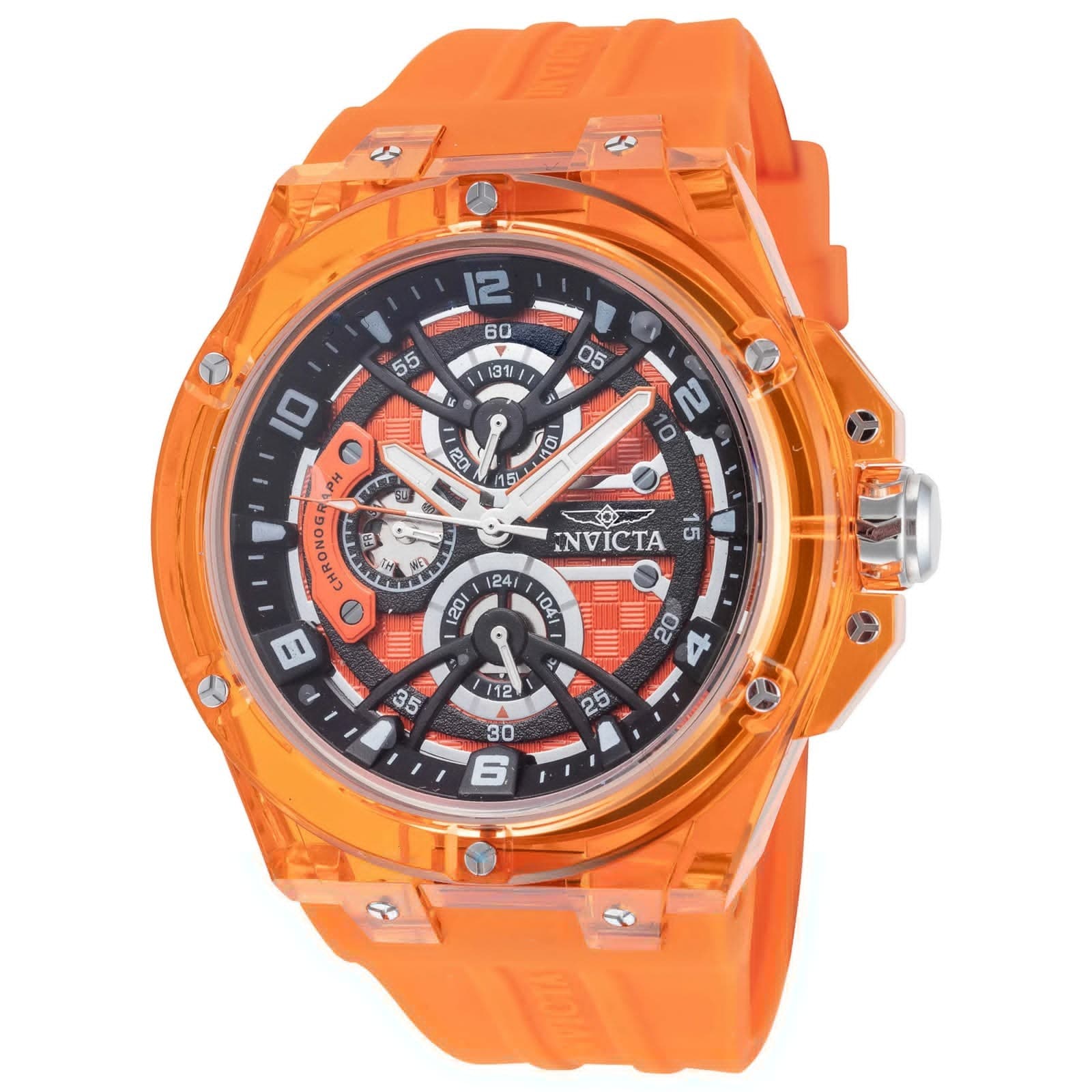 Invicta Speedway esqueletado con caja naranja translúcida